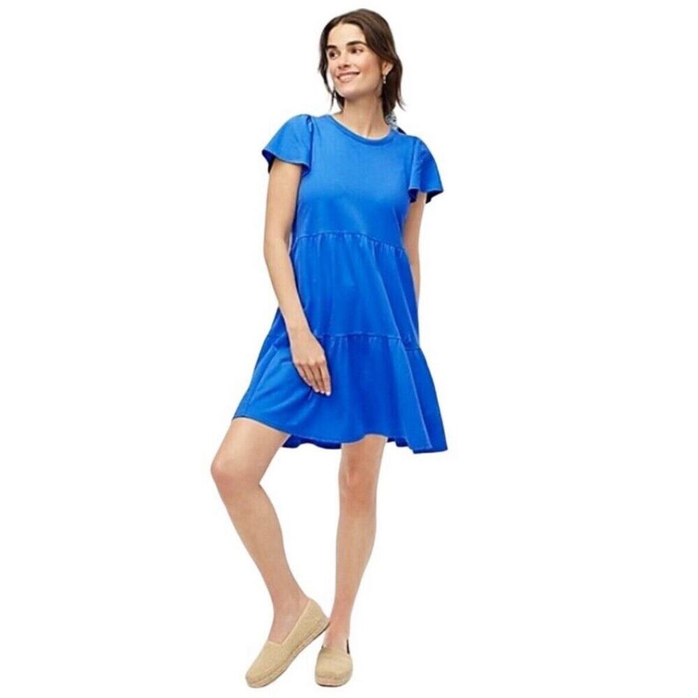 J. Crew Factory Flutter‎ Sleeve Tiered Mini Dress Crewneck Blue XS Casual Summer